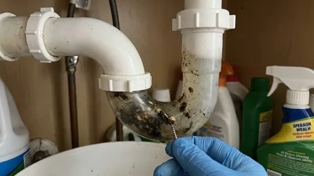 Gloved hand holding a P-trap taken apart under a sink, with debris inside the pipe