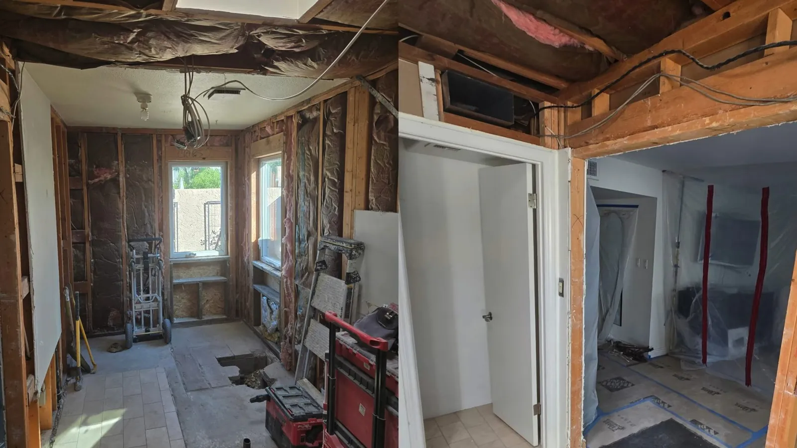 Gutted room with bare wall studs and an open ceiling during a renovation