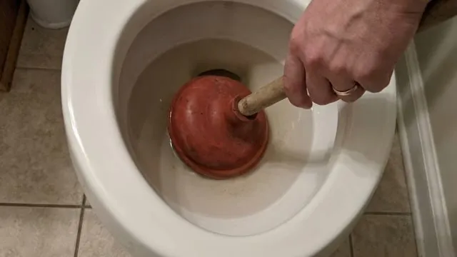 Hand pushing a red plunger into a white toilet bowl