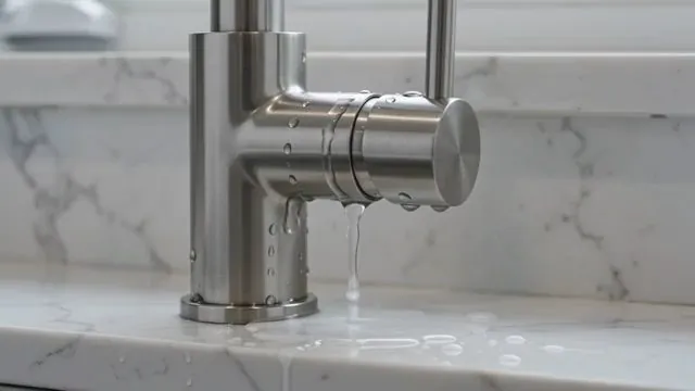 Stainless kitchen faucet dripping onto a white marble counter