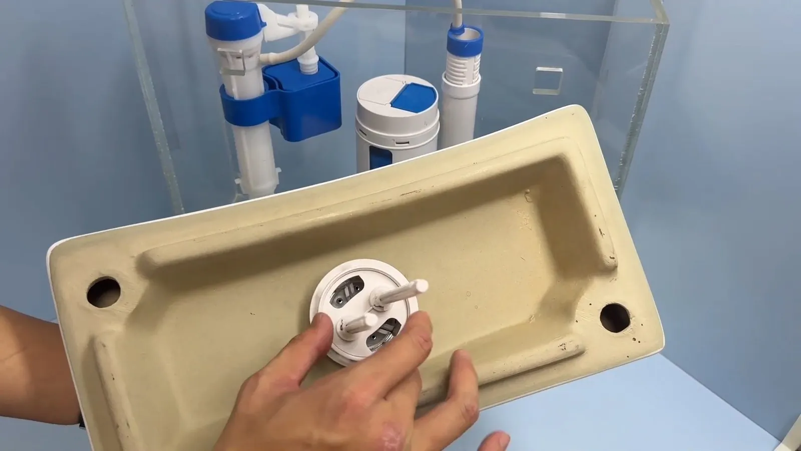 Toilet tank lid turned over beside the fill valve and flapper in a tank