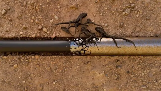 Tree roots growing into a cracked black pipe lying in dirt